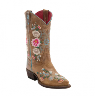 Anderson Bean | Youth Macie Bean Antiqued Honey Brown with Rose Garden Embroidery Snip Toe Boots-BROWN | Quick Ship!