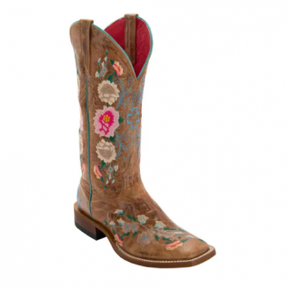 Anderson Bean Women's Macie Bean Antiqued Honey Brown with Rose Garden Embroidery Square Toe Cowboy Boots-TAN | Quick Ship!
