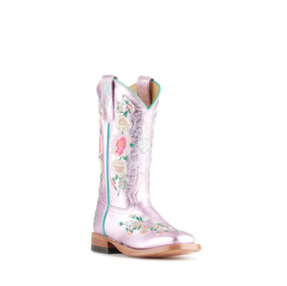 Anderson Bean | Youth Macie Bean Metallic Pink Floral Embroidered Square Toe Cowboy Boots-LIGHT PINK | Quick Ship!