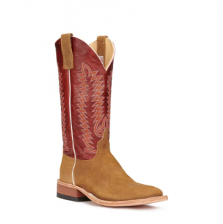 Anderson Bean Men's Saraha Tan Suede and Red Wide Square Toe Cowboy Boots-TAN | Quick Ship!