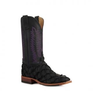 Anderson Bean Men's Black Pirarucu Wide Square Toe Exotic Cowboy Boots-BLACK | Quick Ship!