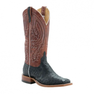 Anderson Bean Men's Black Full Quill Ostrich and Rust Lava Square Toe Exotic Cowboy Boots-BLACK | Quick Ship!