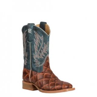 Anderson Bean | Kids Horse Power Cognac Fish Print and Green Wide Square Toe Western Boot-COGNAC | Quick Ship!