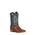 Anderson Bean | Youth Horse Power Cognac Fish Print and Green Wide Square Toe Western Boot-COGNAC | Quick Ship!