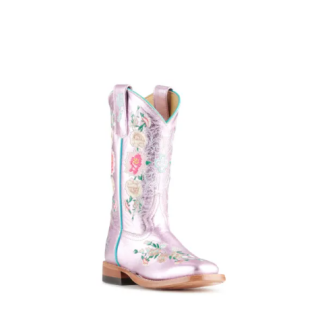 Anderson Bean | Kids Macie Bean Metallic Pink Floral Embroidered Square Toe Cowboy Boots-LIGHT PINK | Quick Ship!