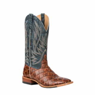 Anderson Bean Men's Horse Power Cognac Fish Print and Blue Double Welt Wide Square Toe Cowboy Boots-COGNAC | Quick Ship!