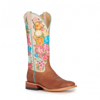 Anderson Bean Women's Macie Bean Cognac and Bone with Floral Embroidery Wide Square Toe Cowboy Boots-TAN | Quick Ship!