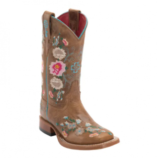 Anderson Bean | Youth Macie Bean Antiqued Honey Brown with Rose Garden Embroidery Square Toe Boots-TAN | Quick Ship!