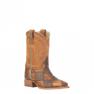Anderson Bean | Kids' Brown & Tan Patchwork Square Toe Western Boots-BROWN | Quick Ship!