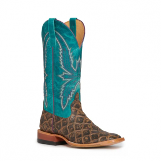Anderson Bean Women's Macie Bean Cocoa Brown Fish Print and Turquoise Square Toe Cowboy Boots-SADDLETAN | Quick Ship!