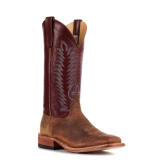 Anderson Bean Men's Geronimo Brown Bison and Sangria Wine Square Toe Cowboy Boots-TAN | Quick Ship!