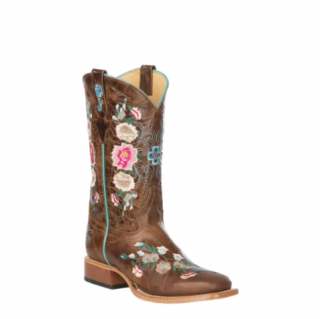 Macie Bean | Kid's Antiqued Honey Brown with Rose Garden Embroidery Square Toe Western Boots-TAN | Quick Ship!