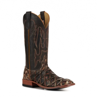 Anderson Bean Men's Black and Rusty Brown Big Bass Wide Square Toe Exotic Cowboy Boot-RUST | Quick Ship!
