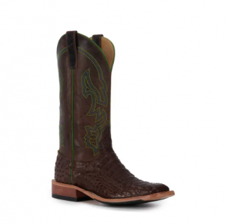 Anderson Bean Men's Chocolate Lux Hornback Caiman and Chocolate Wide Square Toe Exotic Cowboy Boots-CHOCOLATE | Quick Ship!