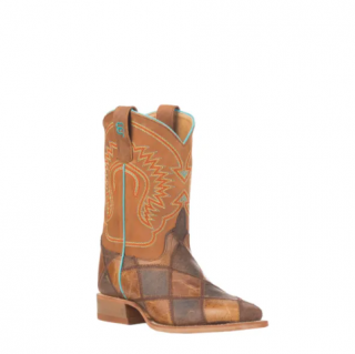 Anderson Bean | Youth Macie Bean Brown & Tan Patchwork Square Toe Western Boots-BROWN | Quick Ship!