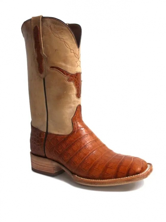 Quick Ship Black Jack Men's Cigar Caiman Belly with Longhorn Inlay Boots - Brown