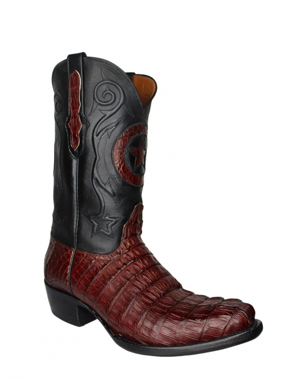 Quick Ship Black Jack Men's Italian Red Caiman Tail Boots - Black/Red