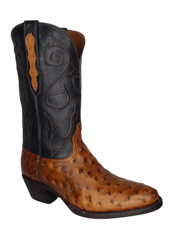 Quick Ship Black Jack Men's Black Burnished Cigar Full Quill Ostrich Boots - Brown