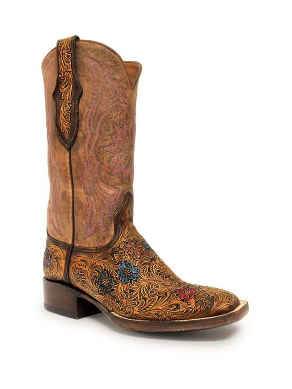 Quick Ship Black Jack Women's Hand Tooled Floral Reese Boots - Brown