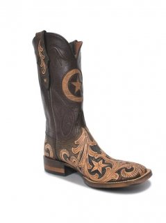 Quick Ship Black Jack Men's Hand Tooled Vintage Chocolate Inlay Boots - Brown