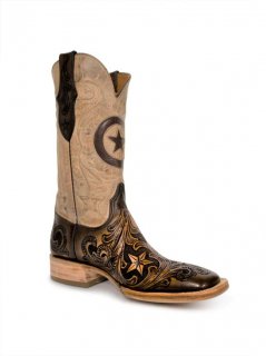 Quick Ship Black Jack Men's Hand Tooled Dark Brown Star Inlay Cowboy Boots - N/A