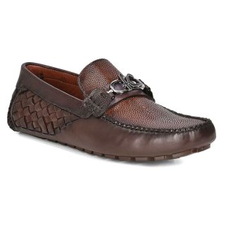Cuadra Men's Exotic Brown Leather Driver With Interwoven Detail