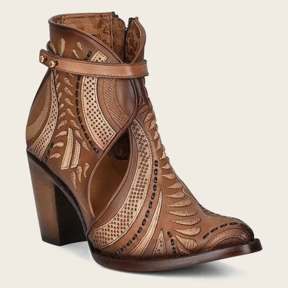 Cuadra Women's Embroidered And Perforated In Geometric Motifs Honey Leather Bootie