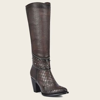 Cuadra Women's Embroidered Dark Brown Leather Boot With Austrian Crystals