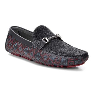 Cuadra Men's Genuine Stingray Embroidered Black Leather Driver