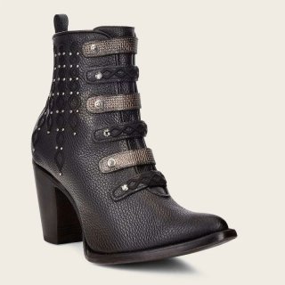 Cuadra Women's Women Booties Leather, Embroidered Black Leather Bootie With Austrian Crystals