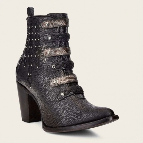 Cuadra Women's Women Booties Leather, Embroidered Black Leather Bootie With Austrian Crystals