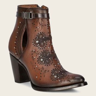 Cuadra Women's Brown Perforated And Embroidery Bootie With Crystals