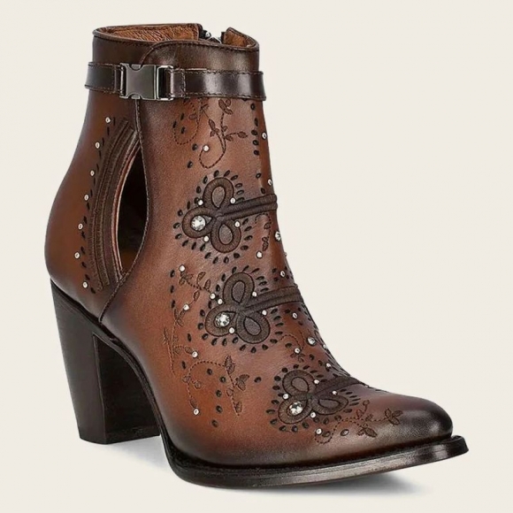 Cuadra Women's Brown Perforated And Embroidery Bootie With Crystals