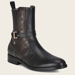 Cuadra Women's Hand-Painted Black Leather Engraved Bootie