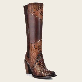 Cuadra Women's Genuine Python Brown Leather Boot With Laser Engraved Details