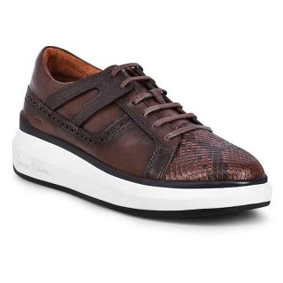 Cuadra Men's Hand-Painted Python Chocolate Leather Sneakers
