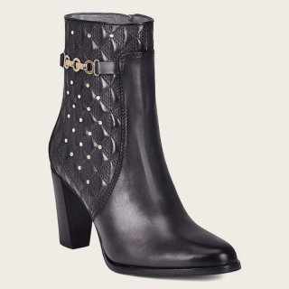 Cuadra Women's Black Leather Bootie With Geometric Details And Austrian Crystals
