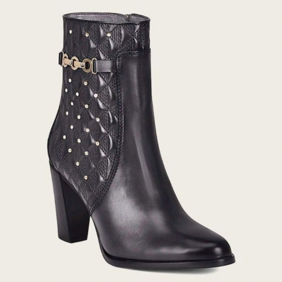 Cuadra Women's Black Leather Bootie With Geometric Details And Austrian Crystals