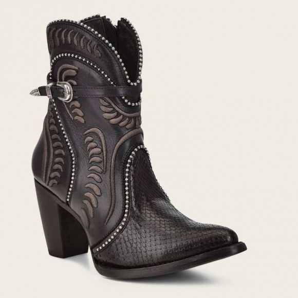 Cuadra Women's Genuine Python Embroidered Black Leather Bootie
