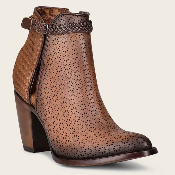 Cuadra Women's Perforated Brown Leather Bootie With Hand Braided Strap