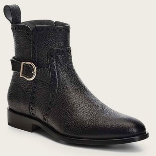 Cuadra Women's Genuine Deer Black Leather Bootie With Buckle