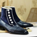Men's Handmade Leather & Suede Button Top Boots Bespoke Navy Dress | Canada
