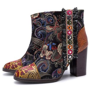 Women's Vintage Ankle Boots Handmade Ankle Boots Chunky Heel Glossy | Canada