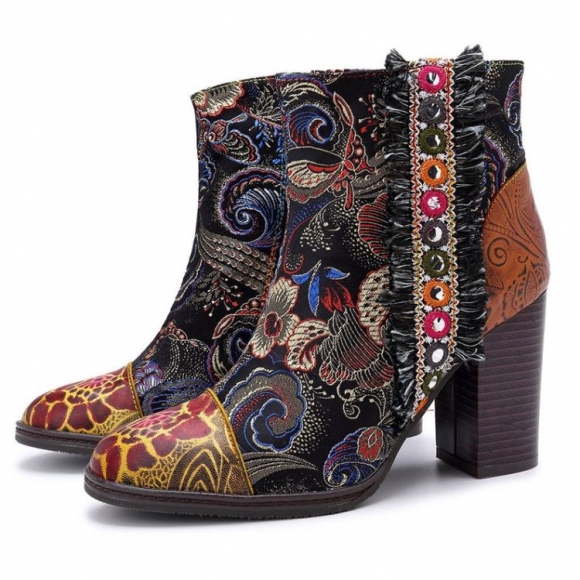 Women's Vintage Ankle Boots Handmade Ankle Boots Chunky Heel Glossy | Canada