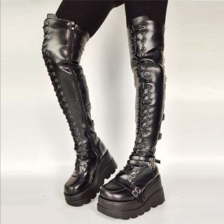 Women's Black PU Leather Thigh High High Platform Gothic Boots Round | Canada
