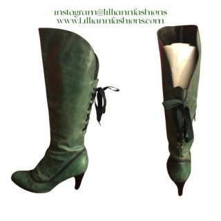 Women's Green Distressed Leather Corset Boots Victorian Romantic Style | Canada