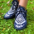 Women's Blue Leather Moccasins With Native American Tribal Fabric | Canada