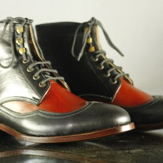Men's Handmade Black Red Leather Wing Tip Lace up Ankle Boots | Canada