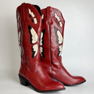 Women's Red Cowboy Boots Butterfly Embroidered Cowgirl Boots Vintage | Canada