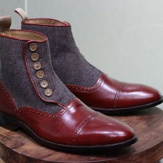 Men's Handmade Leather Shoes Burgundy Leather and Tweed Ankle High | Canada